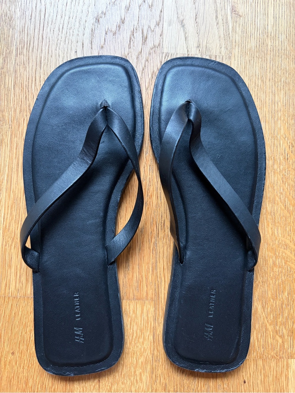 H&M Black Leather Square-Toe Flip Flop Sandals - Size 38